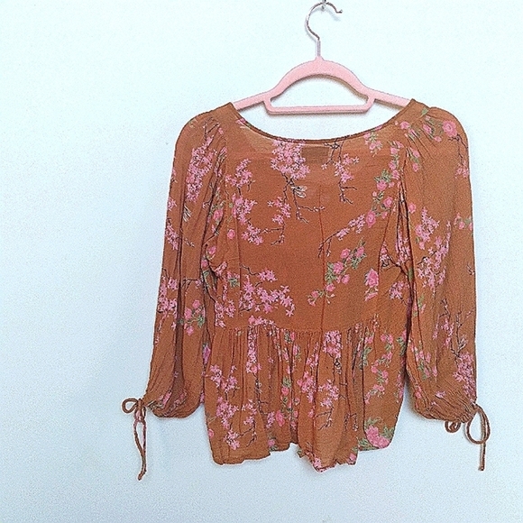 Urban Outfitters Burnt Orange Lace Up Floral Peplum Hem Puff Sleeve Blouse Small - Picture 4 of 13